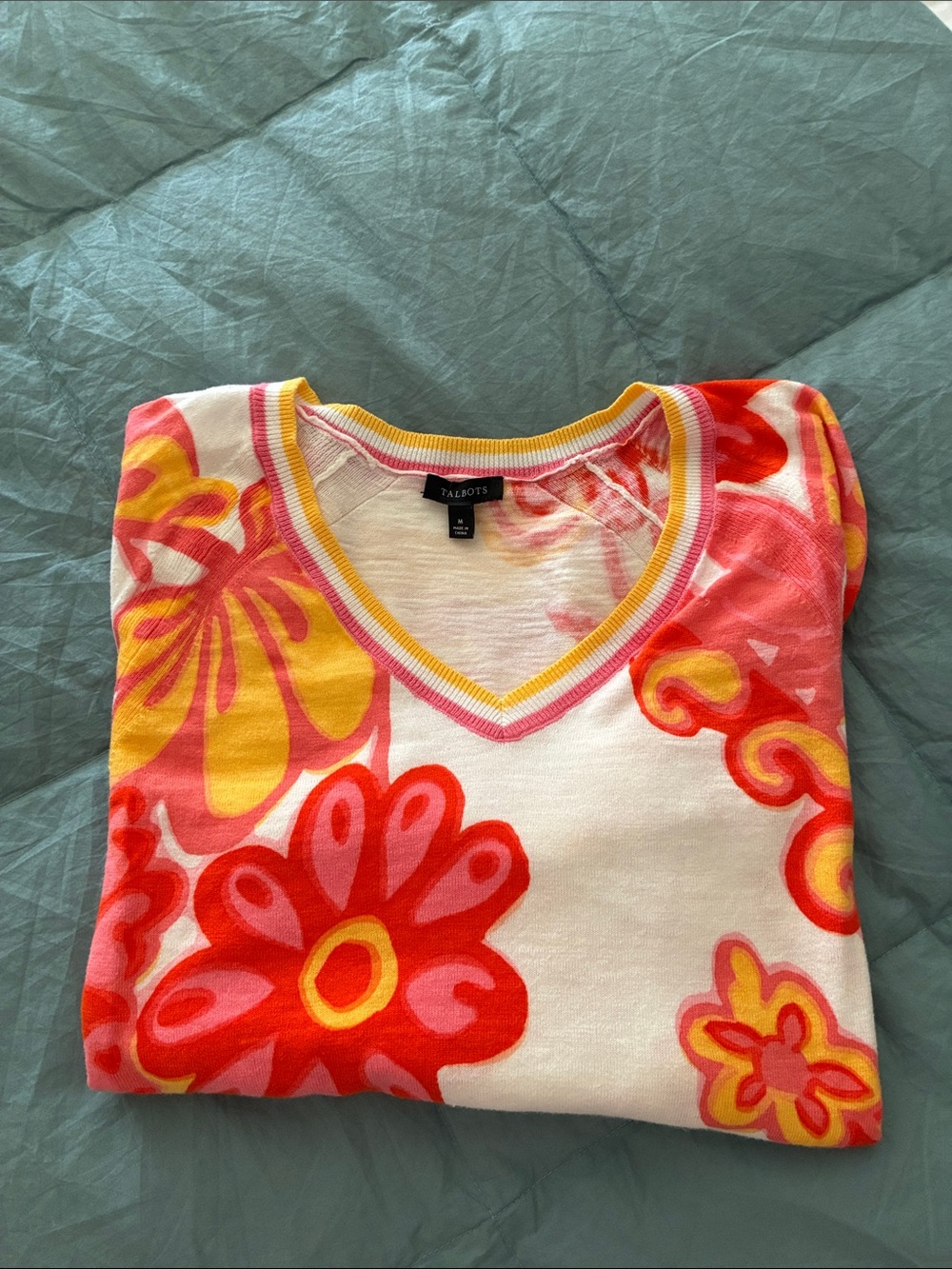 NWOT Talbots Cream Sweater with Pink, Red & Yellow Floral Print